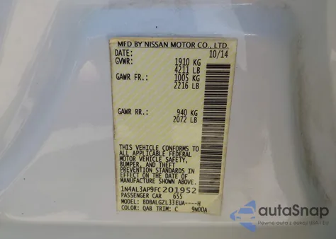 2015 Nissan Altima 2.5/S/Sv/Sl z USA, uszkodzony, nr VIN 1N4AL3AP9FC201952